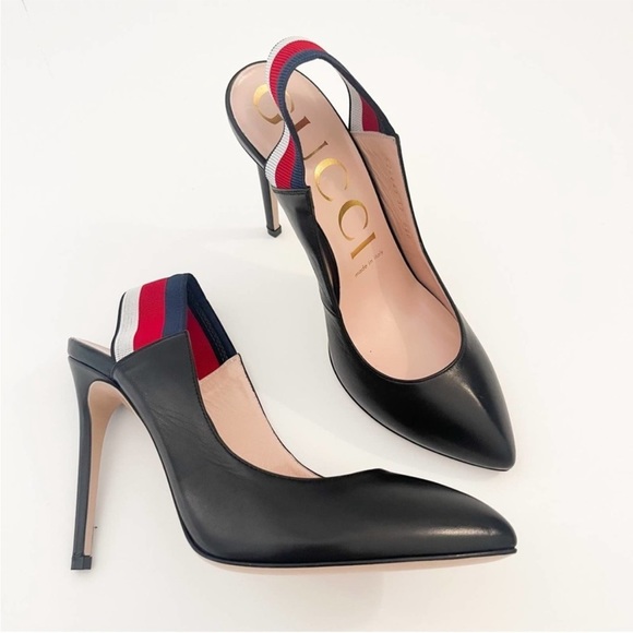 Gucci Sylvie stripe slingback leather shoes size 38 - Picture 1 of 12